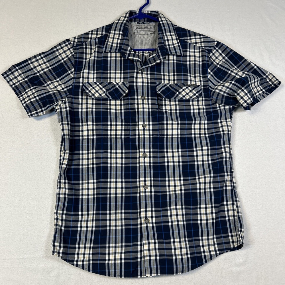 Eddie Bauer Short Sleeve Shirt Mens Medium Blue White Plaid Pockets Sporty